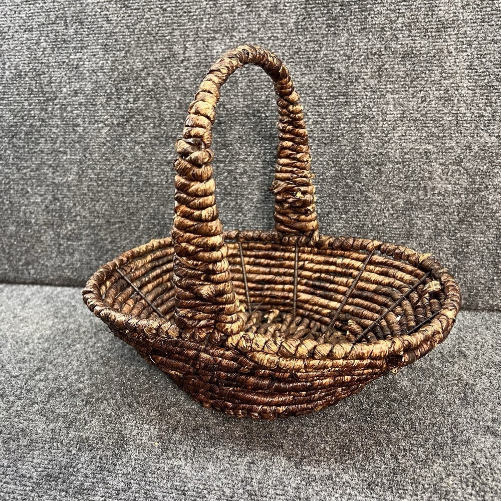 Dark Brown Woven Handled Oval Rustic Open Basket Heavy Cottagecore Boho Decor